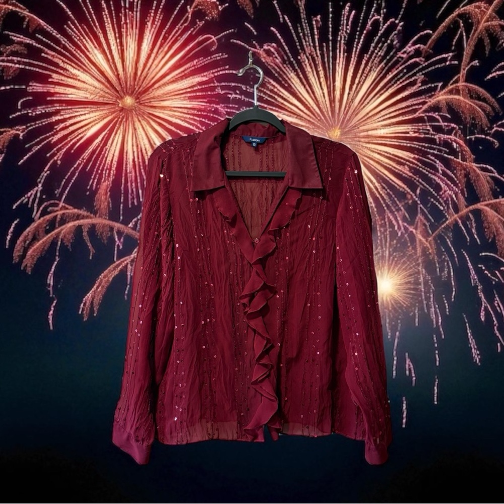 Reitmans Burgundy Sheer Sparkly Top with Ruffles & Sequin Embellishment - Picture 4 of 13